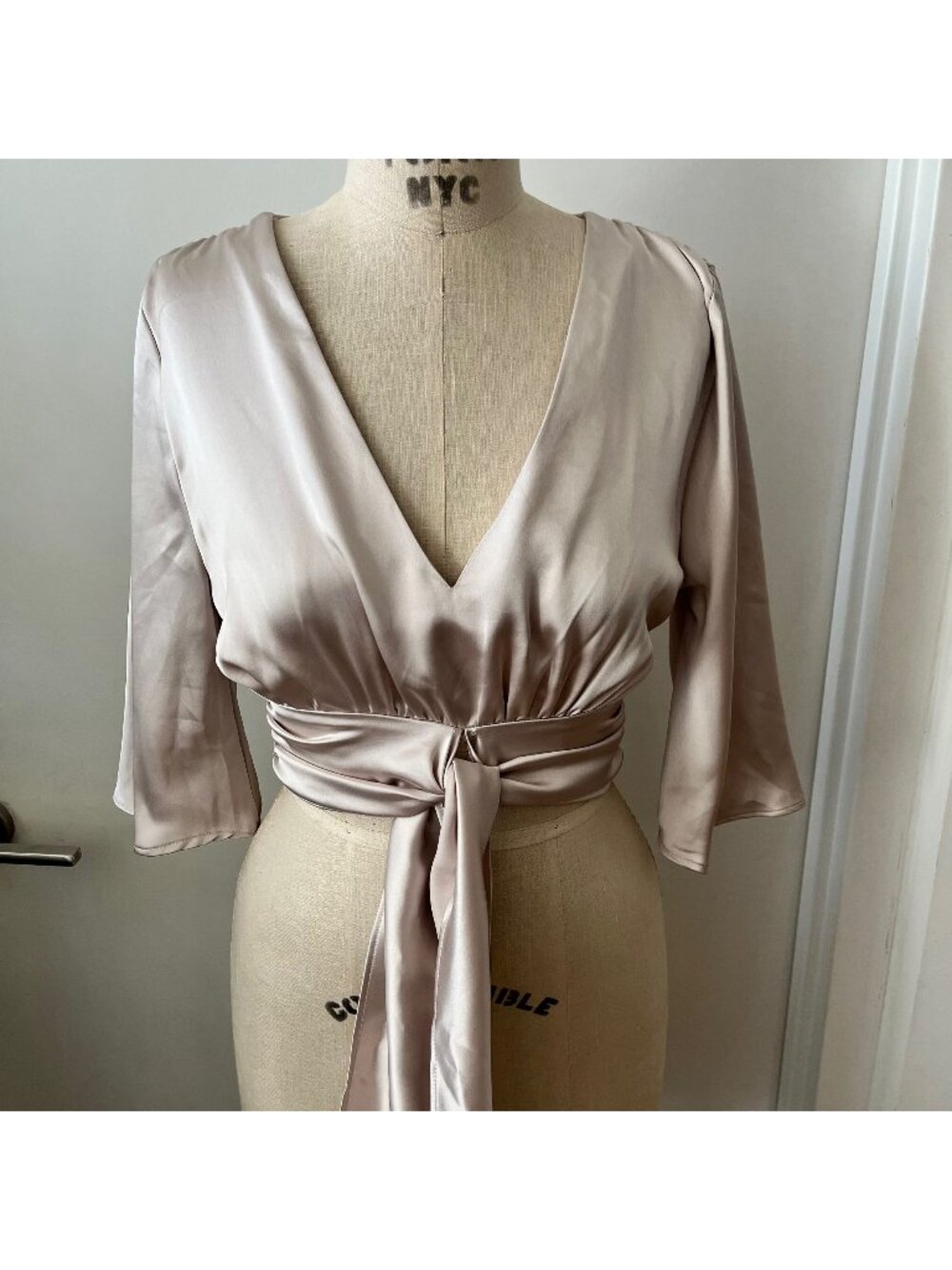 ZARA Silver Satin Cropped Blouse with Bell Sleeves, and Low V-Neck Size XS